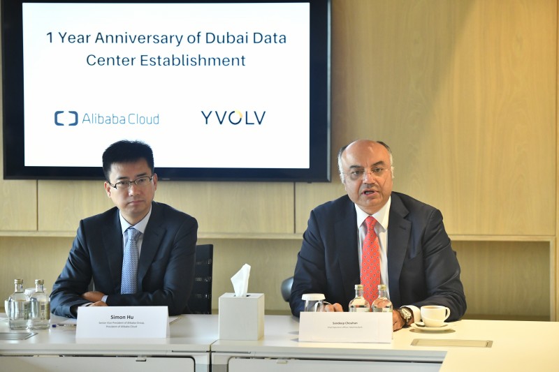 Simon Hu and Sandeep Chouhan at the one year anniversary of the Alibaba Cloud Dubai data centre.
