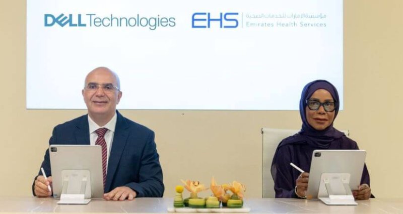 Mubaraka Mubarak Ibrahim, Chief Artificial Intelligence Officer and Acting Executive Director of the Information Sector, Emirates Health Services, and Walid Yehia, Managing Director - Gulf, Dell Technologies at the Memorandum of Understanding (MoU) signing ceremony.